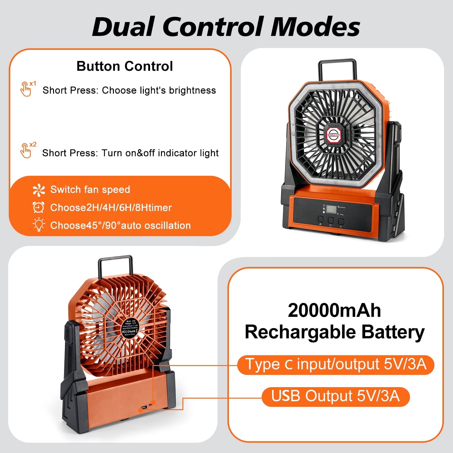 Henotian Camping Fan,Portable Fan for Travel, 20000mAh Rechargeable Desk fan, Battery Operated Fan with Hanging Hook for Tent,Office,Travel,Fishing,Picnic