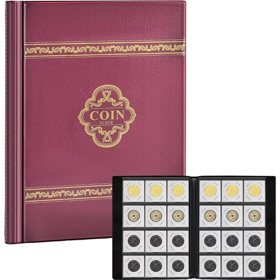 120 Pockets Coin Flip Holder Albums, 2x2 inches Coin Storage Books for Coin Cardboard Collection Holders, Collection Book Sleeves Supplies for Collectors- Red(Coin Flips not Included)