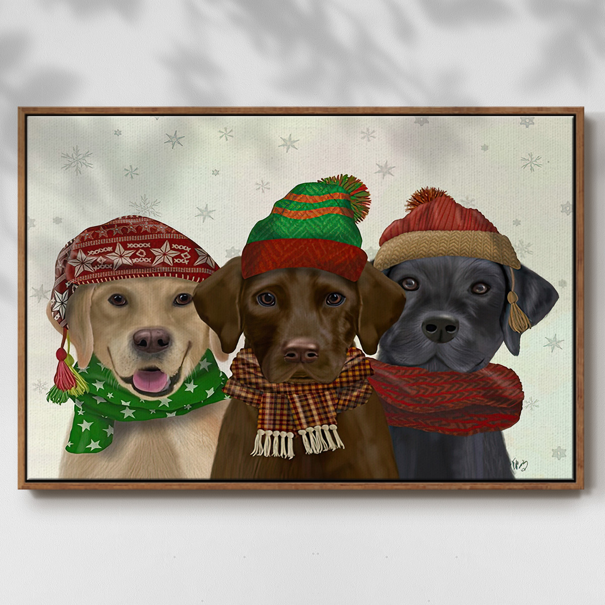 Christmas 3 Winter Labs - Framed Gallery Wrapped Holiday Canvas - 27 x 41 - Rosewood Frame