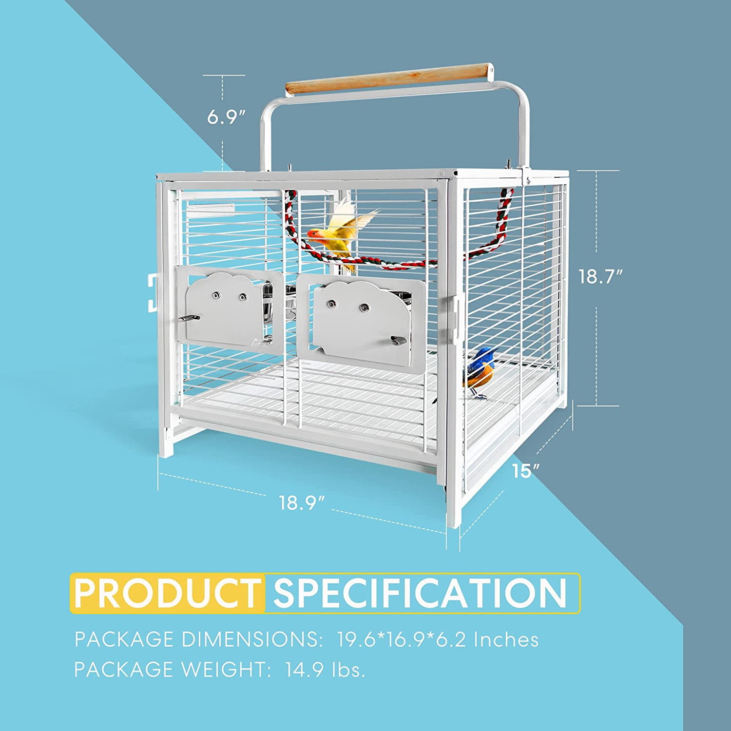 SPECSTAR 19 Inch Wrought Iron Bird Travel Carrier Cage for Parrots Conures Lovebird Cockatiel Parakeets White