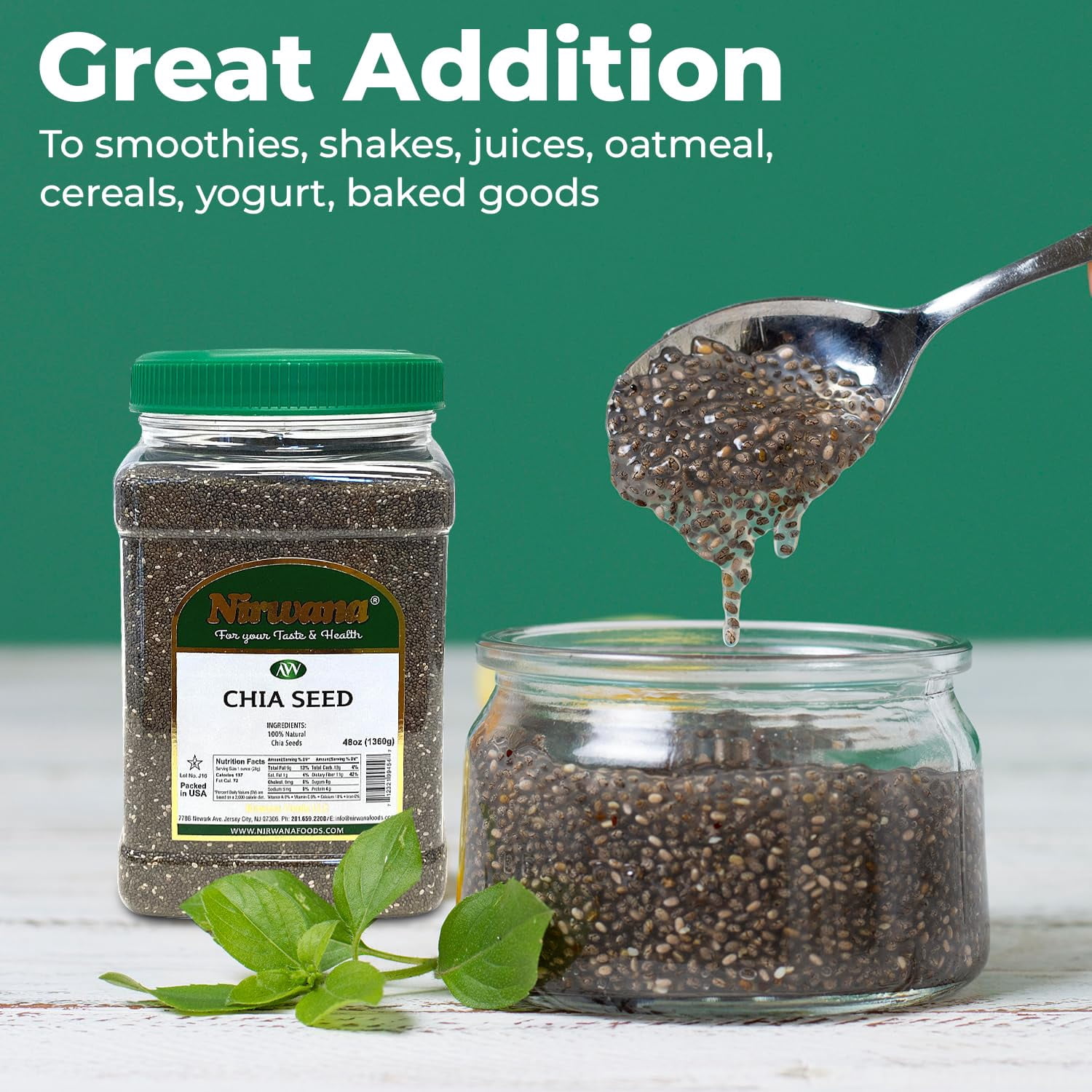 Chia Seeds – Fiber & Protein – Perfect for Smoothies, Oatmeal, Pudding, and Baking – 48 oz Jar