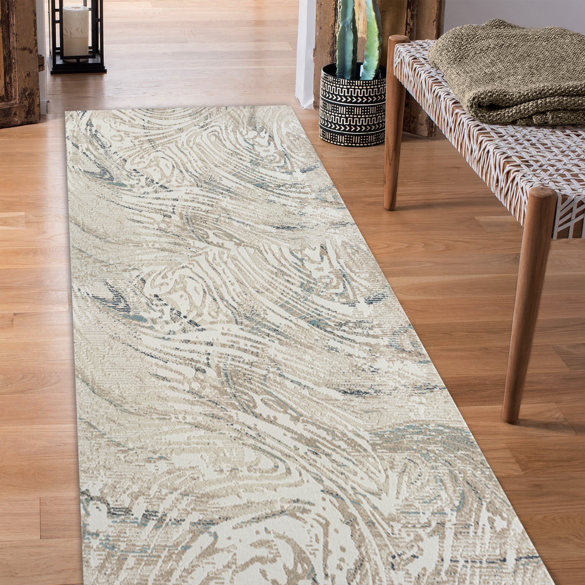 LR Home Bella 2'8"x 8' Ivory and Blue Abstract Durable Performance Indoor Runner Area Rug