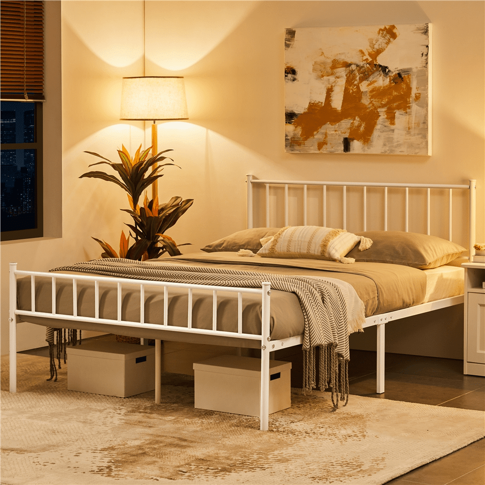 Renwick Justin Metal Platform Bed with Spindle Headboard and Footboard, Queen Size, White