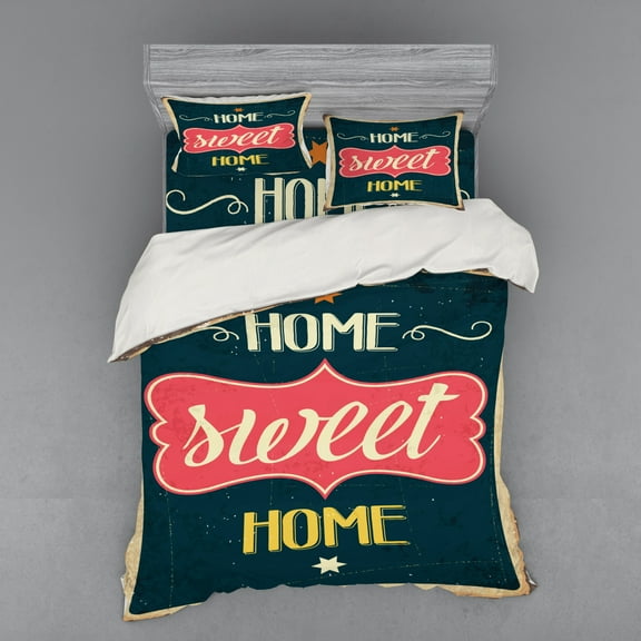 Saying Duvet Cover Set, Weathered Looking Retro Sixties Style Sign Image with Motivational Phrase, Bedding Set with Shams and Fitted Sheet, 3 Sizes, by Ambesonne