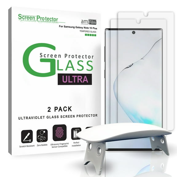 amFilm Galaxy Note 10 Plus Screen Protector (2 Pack), UV Gel (Fingerprint Scanner Compatible) Ultra Glass Film for Samsung Galaxy Note 10  (2019)