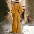 thumbnail image 4 of Szluipve 2 Piece Sets for Women Off‑Shoulder 2 Piece Outfits Puff Long Sleeve Slanted Shoulder Top & High Waist Pleated Wide Leg Pants Casual Vacation Matching Set Yellow XL, 4 of 9