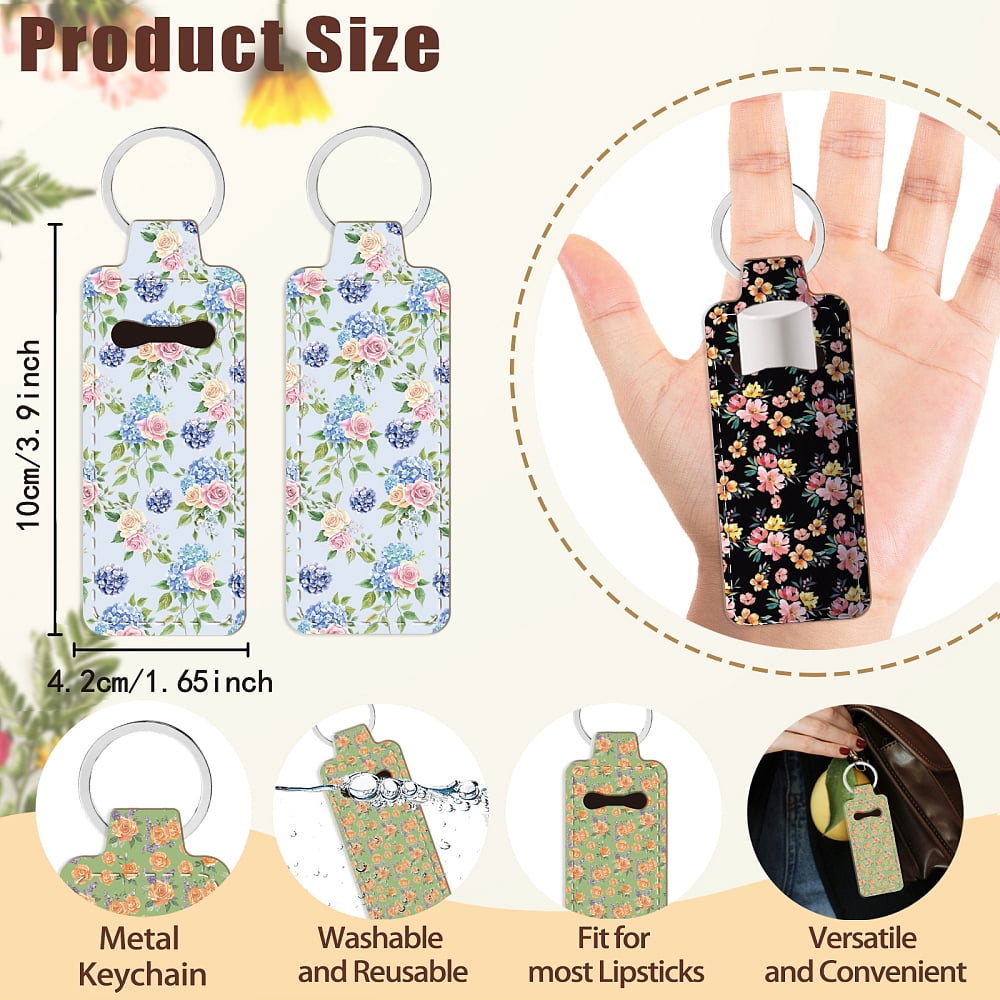 50 Pcs Flower Chapstick Holder Key Chain Lipstick & Lip Balm Keychain with Metal Ring Portable Neoprene Lip Gloss Holder Keychain Travel Essential Pocket Inspirational Gift