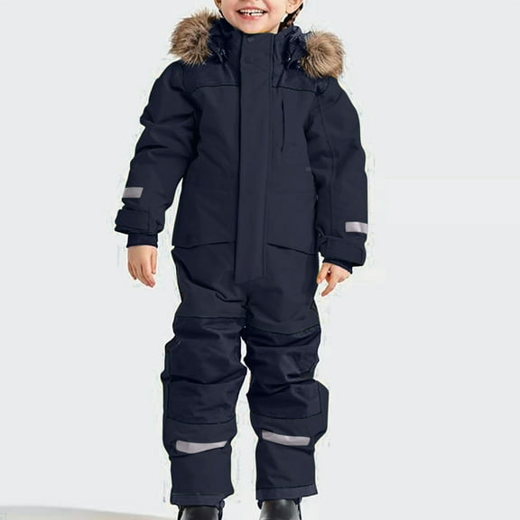 Luxalzxs One Piece Snowsuit for Boys Girls Kids Ski Suits Jumpsuits Winter Outdoor Waterproof Thick Warm Snowboarding Faux Fur Hooded Jacket Overalls with Pockets