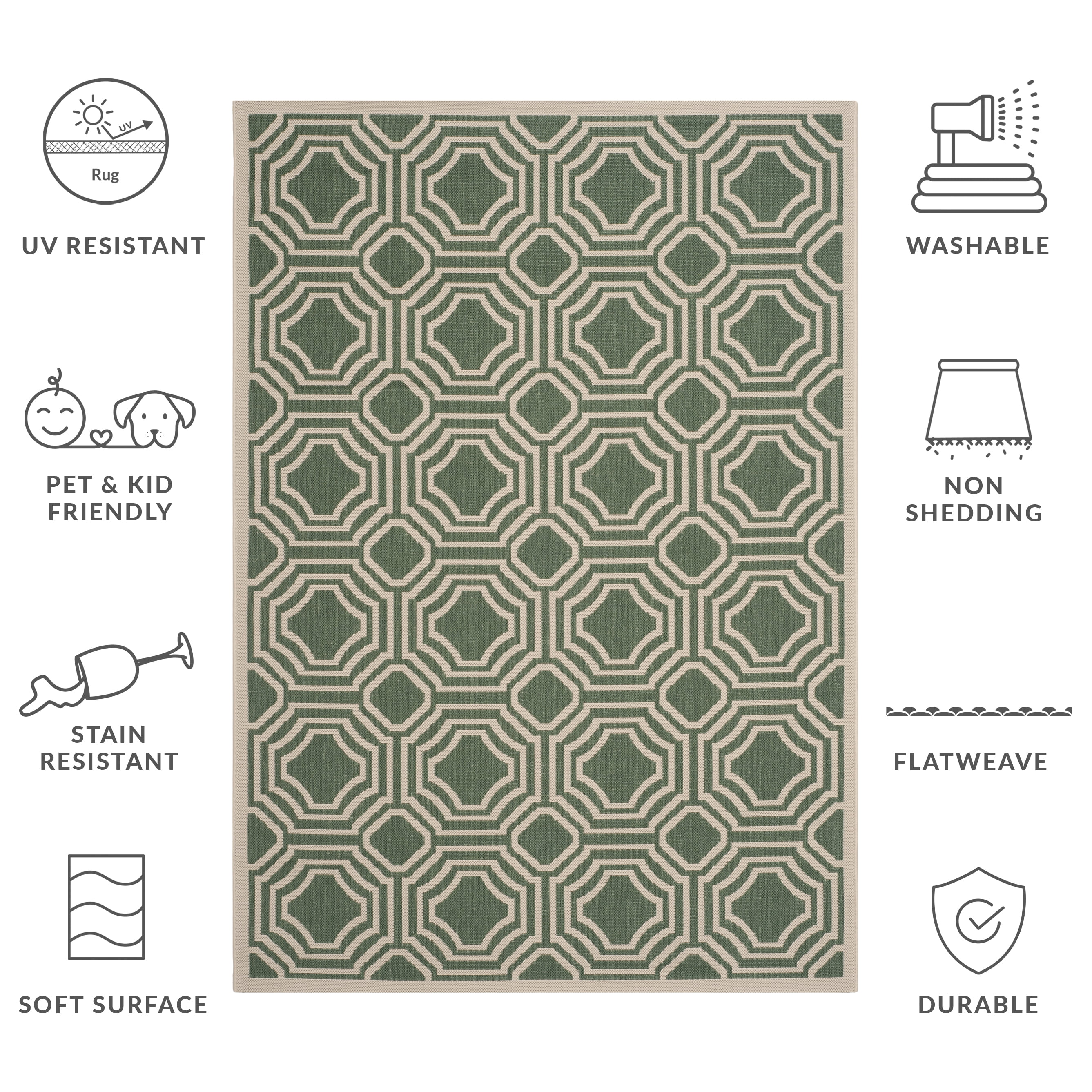 Safavieh Courtyard Brooklyn Geometric Indoor/Outdoor Area Rug, Dark Green/Beige, 9' x 12'