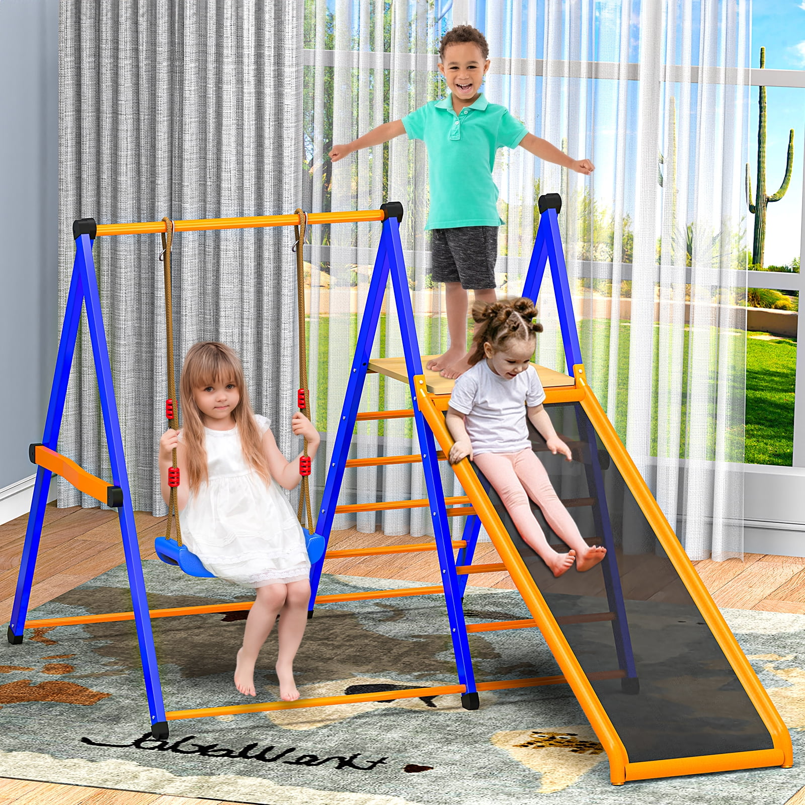​XIEWEI 4 in 1 Indoor Jungle Gym Playset with Swing and Slide Durable Metal Climber for Kids