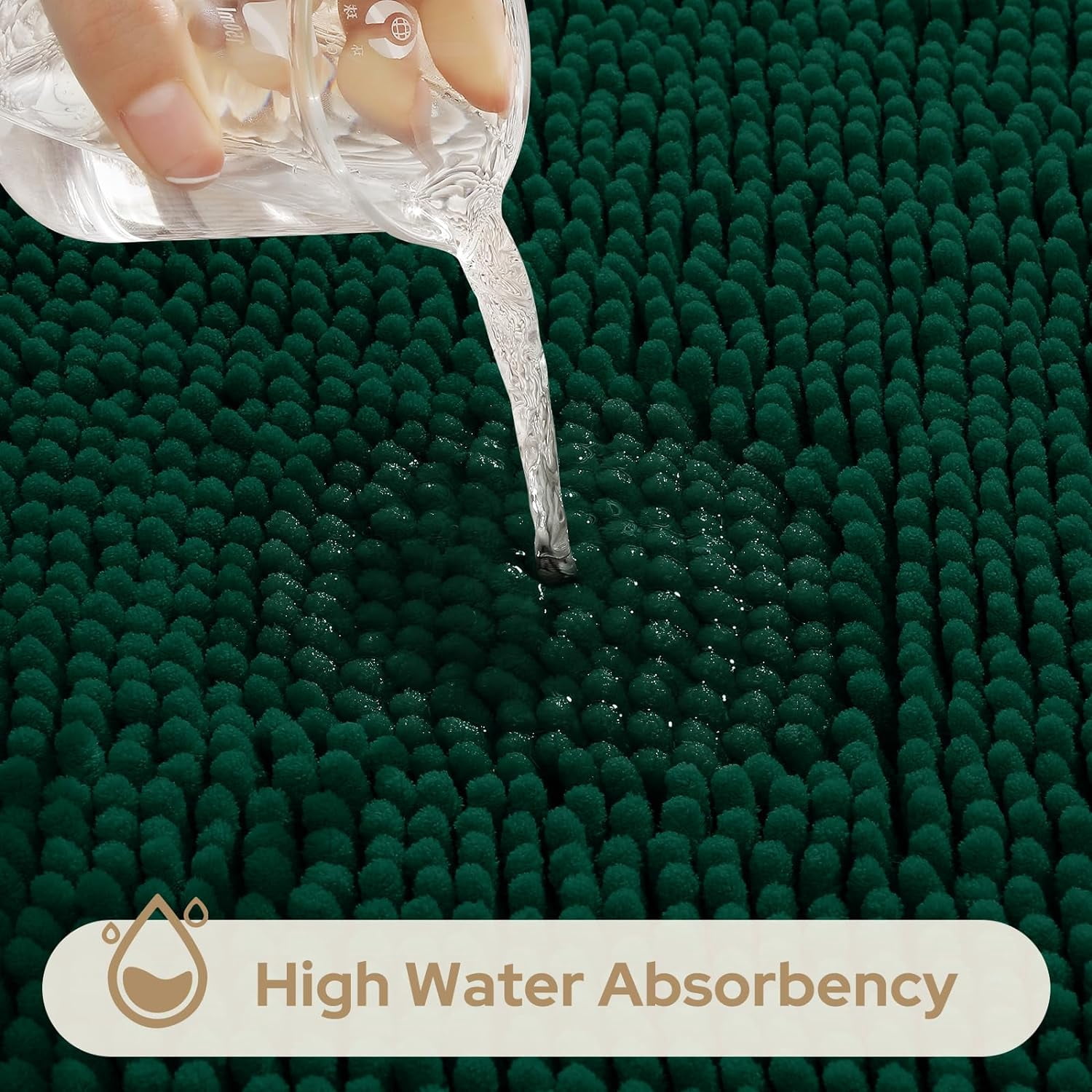3 Pieces Bathroom Rugs, Ultra Soft Non Slip Absorbent Chenille Toilet Bath Mat Set (Dark Green)