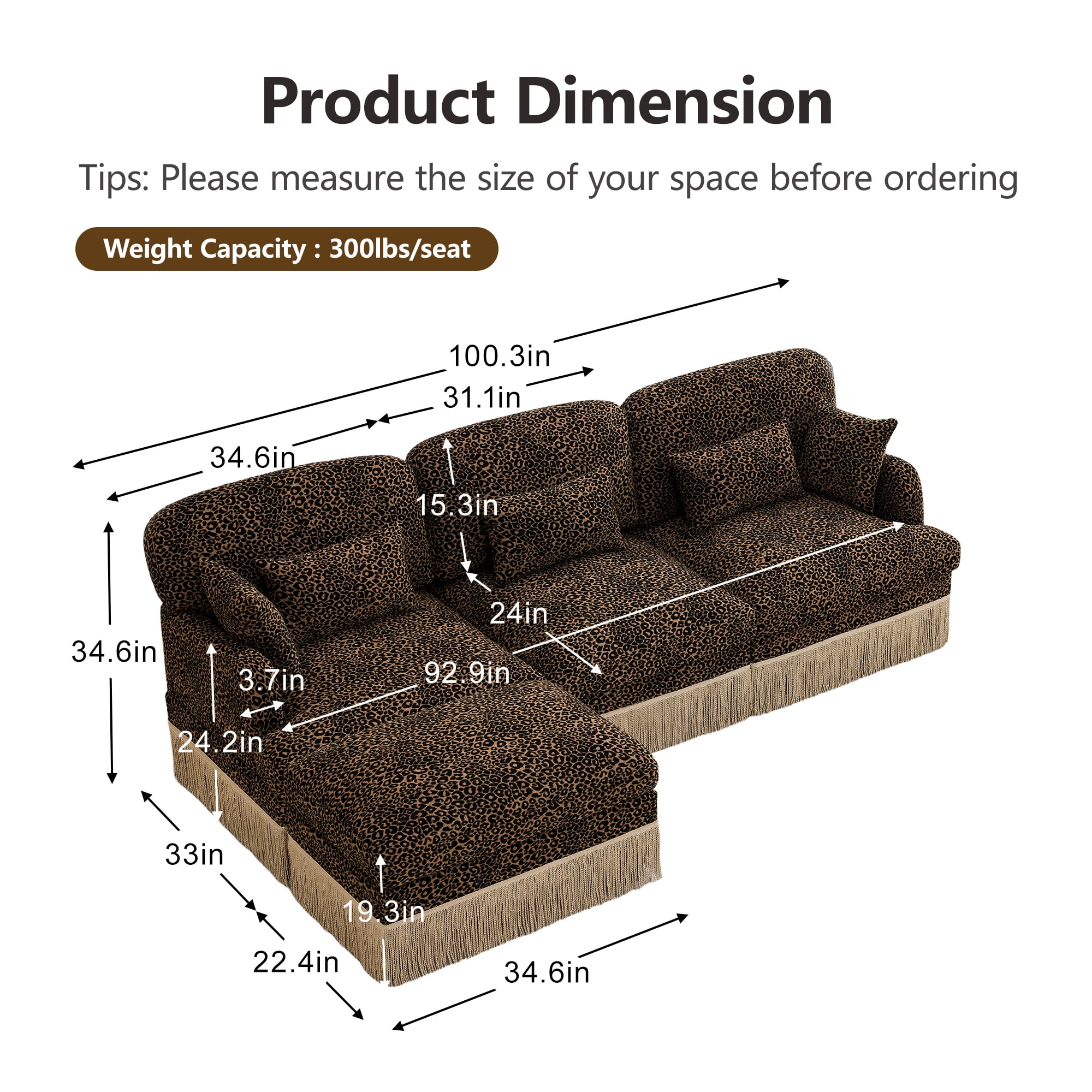 100" Chenille Leopard Tassel Deep Seat L Shape 3 Seater Modular Sofa Couch with 5 Throw Pillows and Ottoman