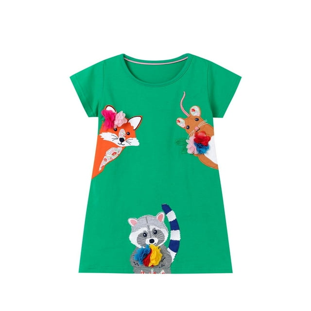 Juniors Robes Décontractées pour Filles Été Animal Brodé Col Rond Manches Courtes Fête Princesse Chemise Tenue de Vacances, Vert, 6-7 Ans