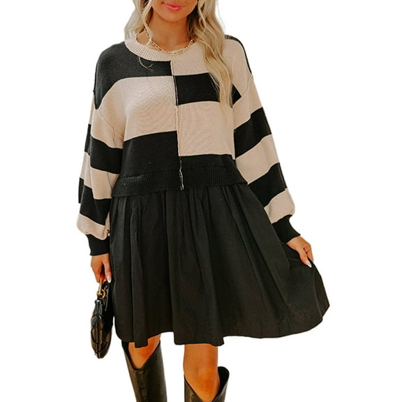 Women's Black Stripe Two-in-One Knitted Top High Waist Splicing Hem Sweater Dress - [ZhiHiMeRi] | L
