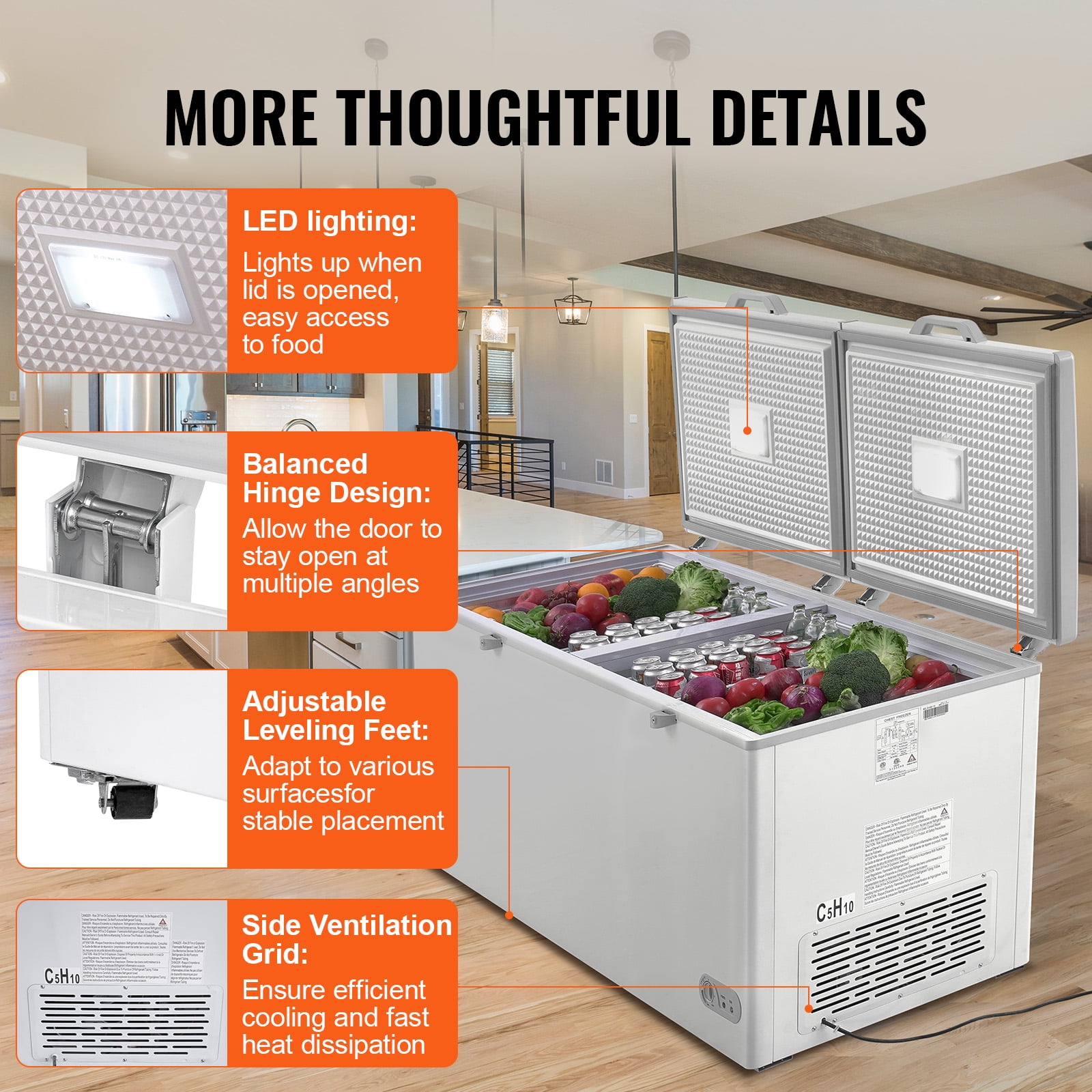 VEVOR Chest Freezer, 19.8 Cu.ft / 561 L Large Deep Freezer with Split Top Double Locking Lids,Freestanding Commercial Chest Freezer & 4 Removable Baskets,7-Level Adjustable Temp,LED Light,6 Wheels
