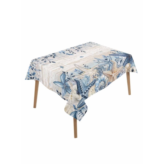 Blue Coastal Starfish Rectangle Tablecloth, Beach Nautical Shell Eucalyptus Vintage Waterproof & StainResistant Tablecloth, Washable Oil-proof Table Cover for Dining/Party/Wedding/Buffet 60x84 In