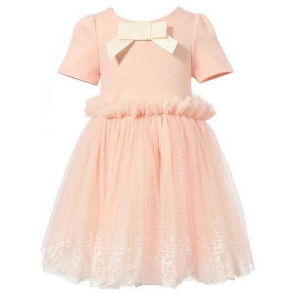 Richie House Little Girls Peach Bow Accent Embroidered Mesh Occasion Dress 3/4