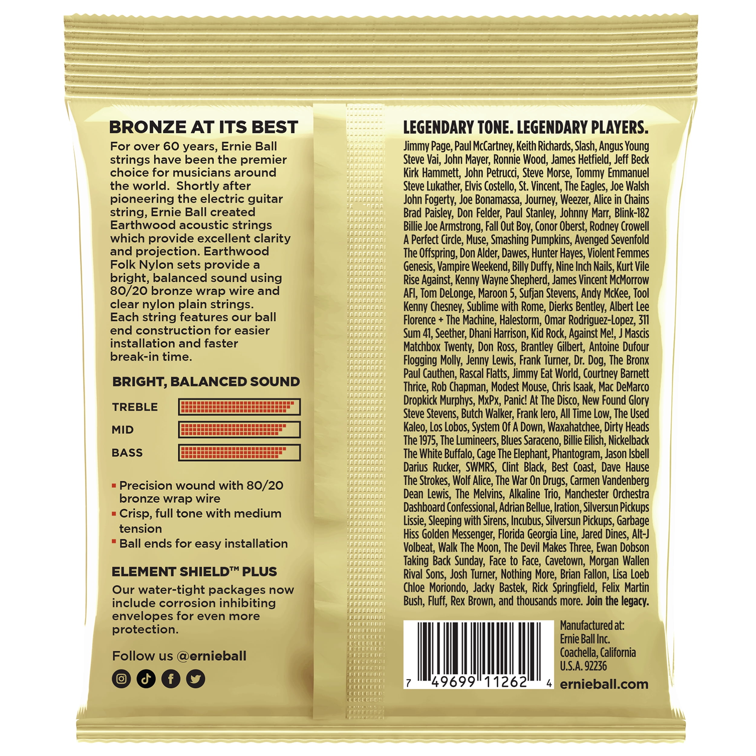 Ernie Ball Earthwood Folk Nylon, Clear and Gold with Ball End, 80/20 Bronze Acoustic Guitar Strings 3 Pack - 28-42 Gauges