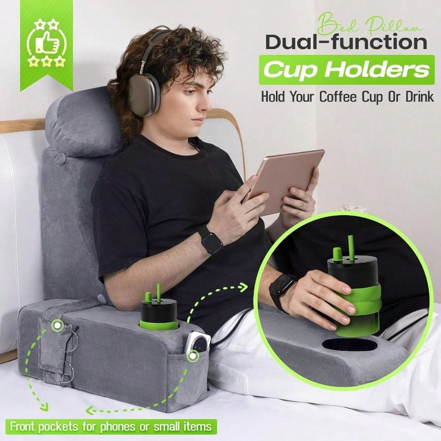 Reading Pillow For Adults Back Pillow For Bed Sitting Up Backrest Pillow For Sitting In Bed Detachable Arms With Builtin Cup Phone Caddy Gray 19 INCH