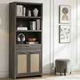 thumbnail image 5 of OAKHAM 5 Shelf Bookcase with Doors, 73" Tall Rattan Bookshelf with Cabinet and Drawer, Midnight Oak, 5 of 11