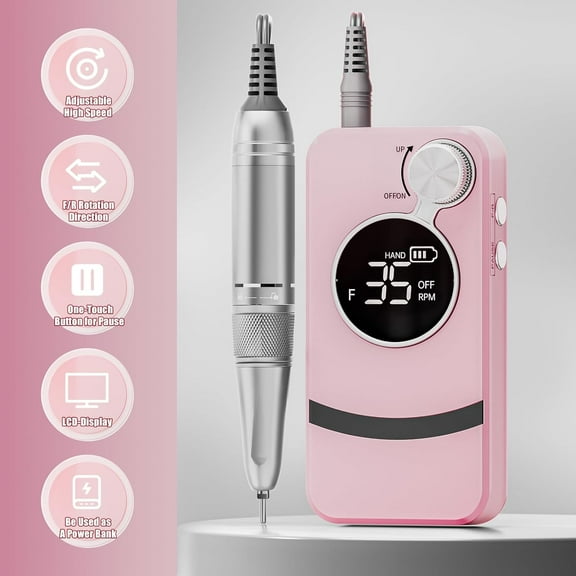 Electric Nail Drill Machine - 35000RPM Portable Professional Rechargeable, Acrylic Gel Grinder Buffer Tools Manicure Pedicure Polishing, Pink