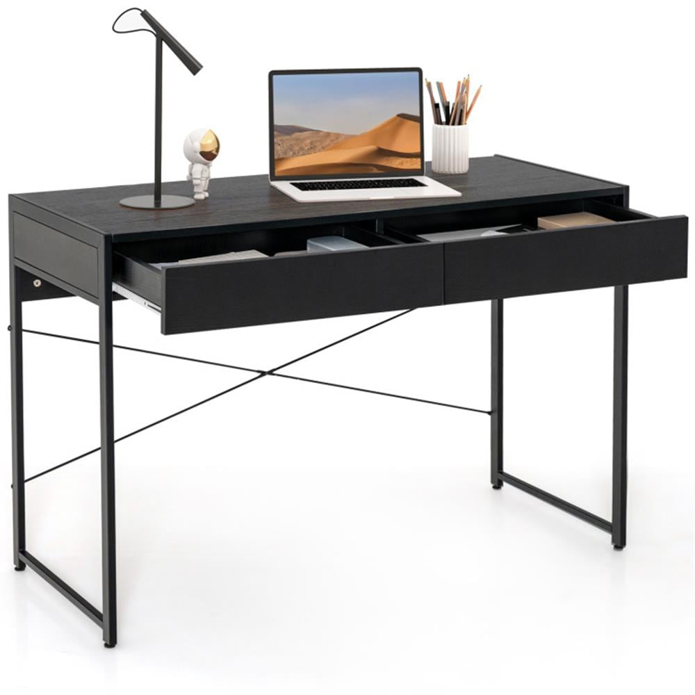 Demi Bonn 2-Drawer Home Office Desk with Steel Frame, Small Home Computer Desk Study Writing Table, Black