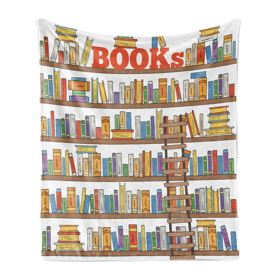 Modern Soft Flannel Fleece Throw Blanket, Library Bookshelf a Ladder School Education Campus Life Caricature Illustration, Cozy Plush for Indoor and Outdoor Use, 50" x 70", Multicolor, by Ambesonne