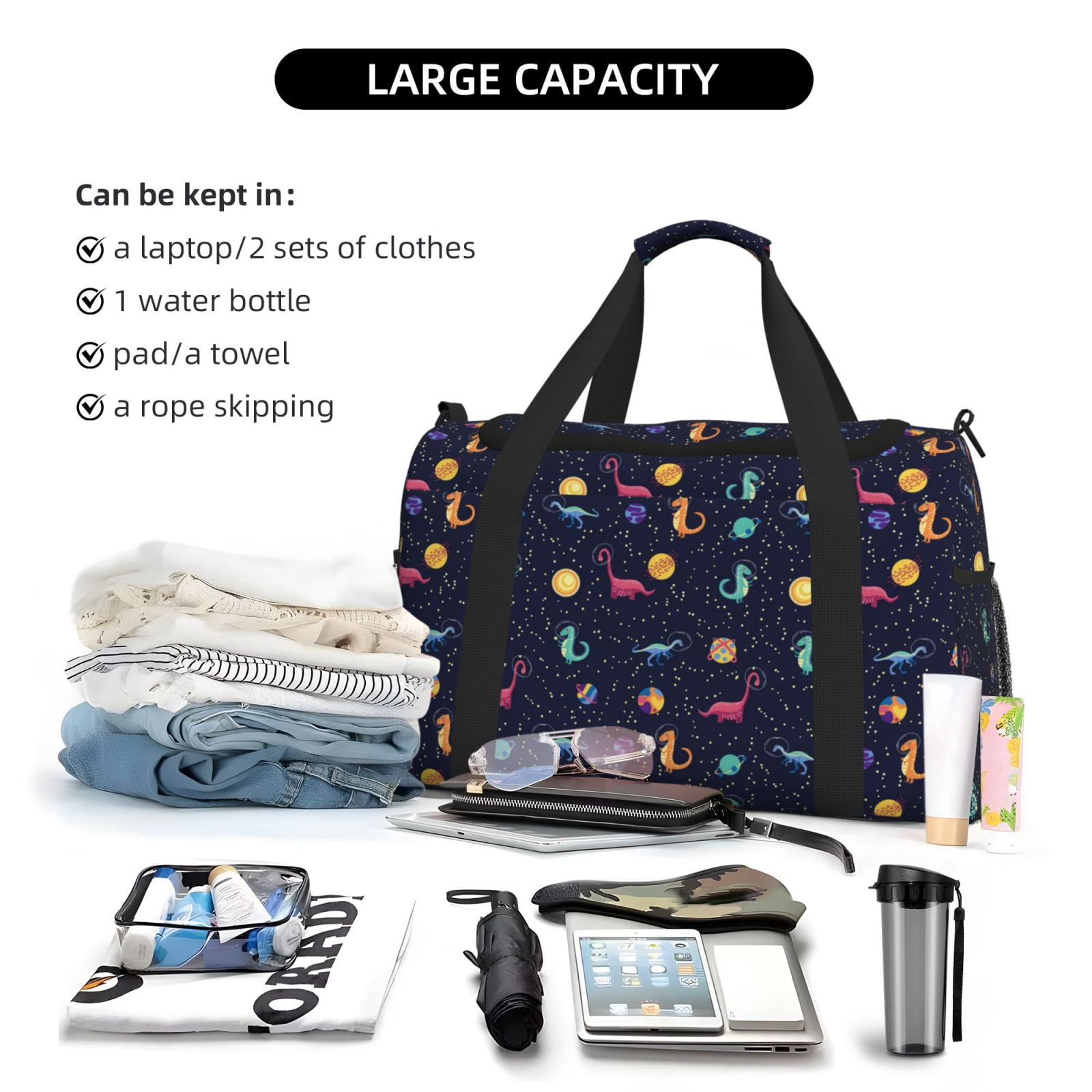 Fuzoiu Space Dinosaur Print Travel Duffle Bag,Carry On Tote Bags,Duffel Bag,Sport Gym Bag, Hospital Bag for Labor and Delivery, Overnight Bag,Luggage Bag