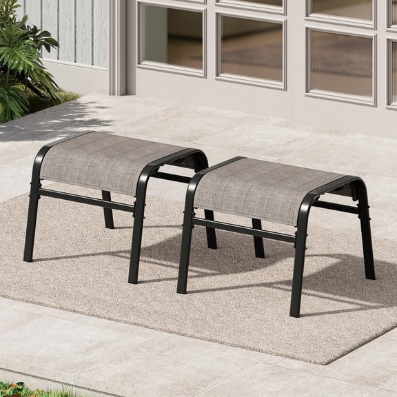 Stackable Oversized Patio Ottoman Set, Durable Metal Frame & Textilene – Comfortable Foot Rest for Garden, Pool or Balcony – Brown, 2-Pack