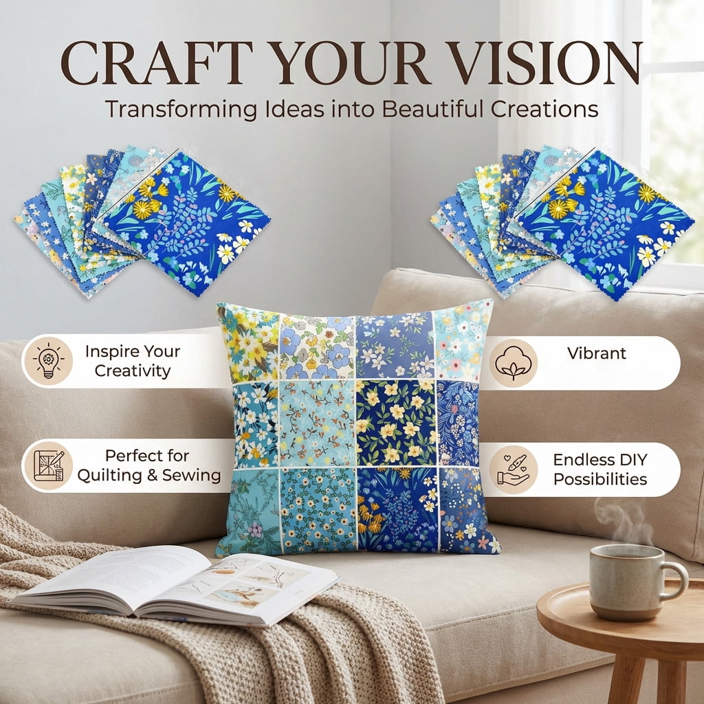 iMzoon 42Pcs 10" Wavy Edge Fabric Squares,Cotton Fat Quarters Bundles for Quilting Supplies,Denim Floral Precuts,Sewing Material & Color Draping Kit Swatches in Retro Print