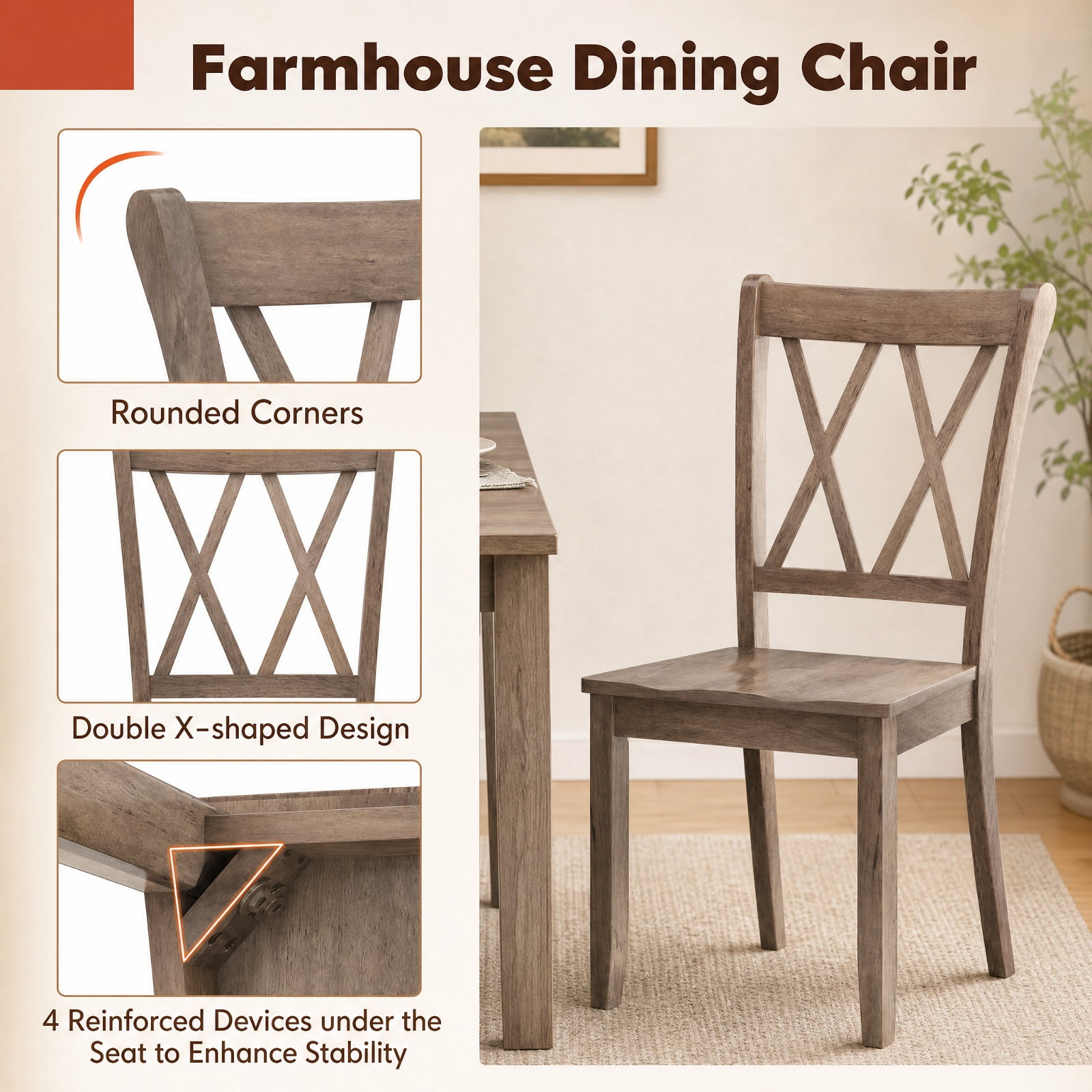 Furnibear Mid Century Wooden Dining Chairs Set of 2 with High Backrest and Solid Rubber Wood Frame for Farmhouse Kitchen, Brown