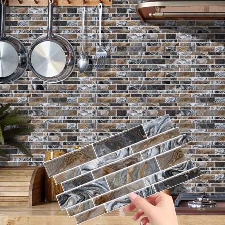 12Pcs Waterproof Peel and Stick Tiles Stickers 9.68" x 4.72" Gray Brown Mosaic Brick Marbling Pattern DIY Wall Decals Self Adhesive Kitchen Backsplash