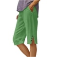 thumbnail image 2 of DailyTrove Ladies Cotton Linen Capri Pants Solid Color Side Split Three Button Hem Lightweight Summer Shorts, 2 of 6