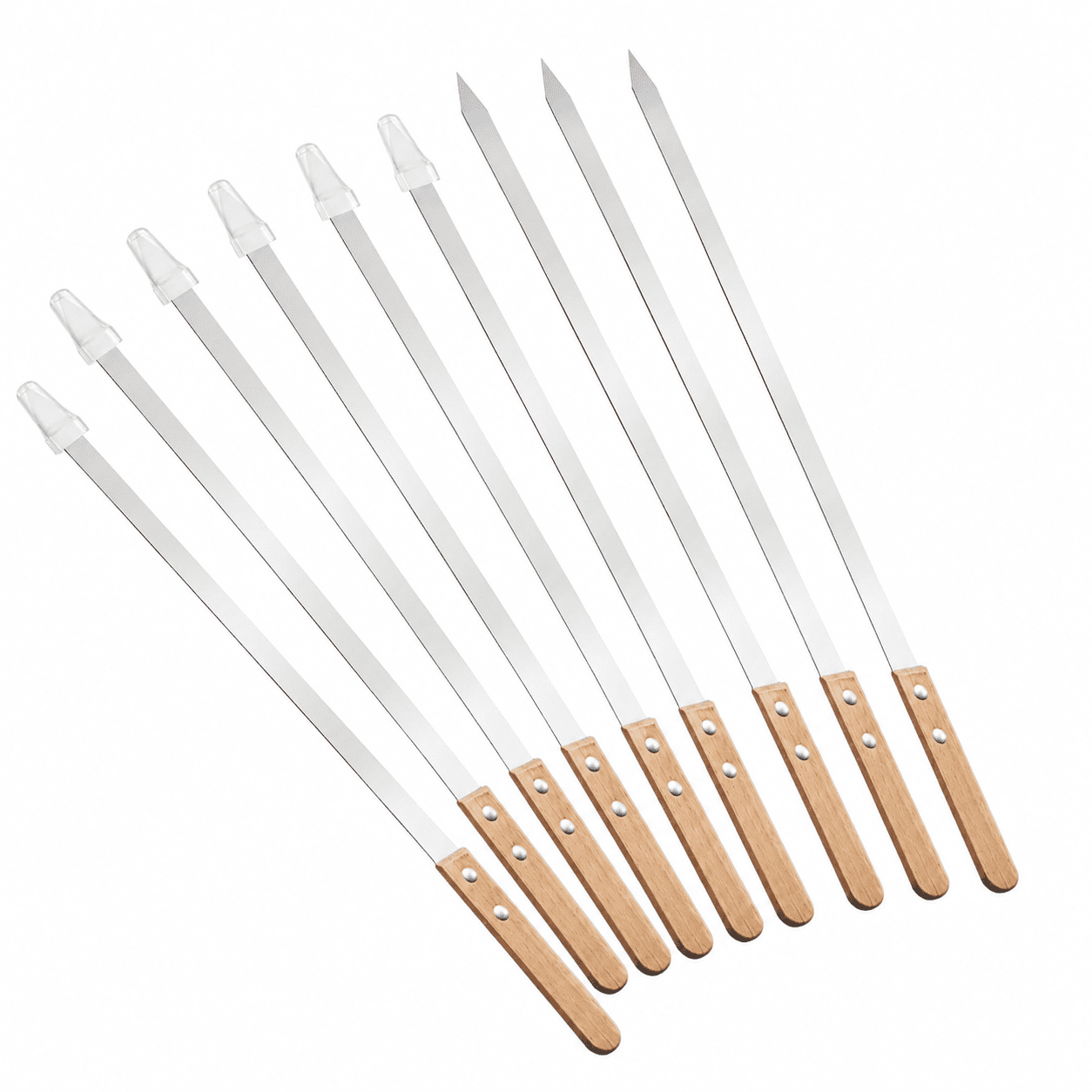 Kabob Skewers 23.6" Flat Stainless Steel BBQ Skewers for Grilling Meat with Wood Handle and Tip Guards, Heavy Duty Reusable for Koobideh Persian Brazilian Shish Kebab (Natural wood)