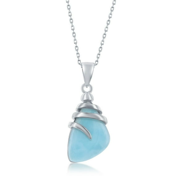 925 Sterling Silver Rhodium Plated High Polished Trigonal-Shaped Natural Caribbean Larimar Gemstone Nautical Sea Life 18’’ Pendant Necklace