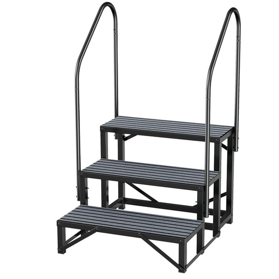 Jacgood 3 Tier RV Steps, RV Stairs with 2 Handrails, Heavy-Duty Steel Camper Steps with Non-Slip & Dust-Resistant Mats, for Trailer, Mobile Home, Porch,Hot Tub, load-bearing 500lbs