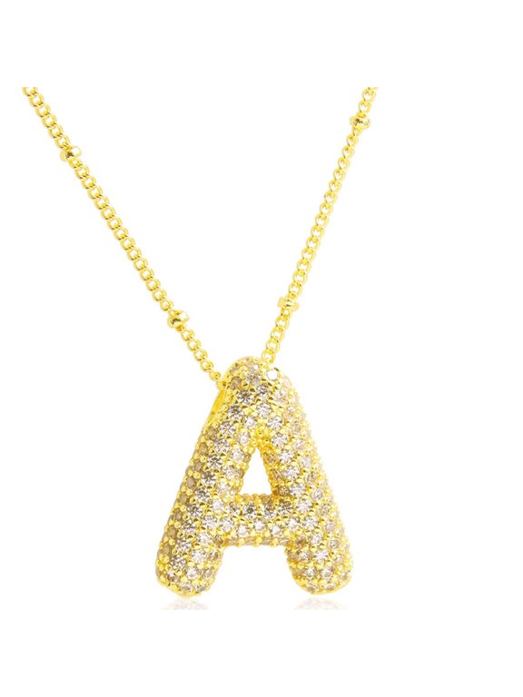 Bubble Letter Necklace 18K Gold Plated for Women A-Z Rhinestone Bubble Balloon Initial Pendant for Her