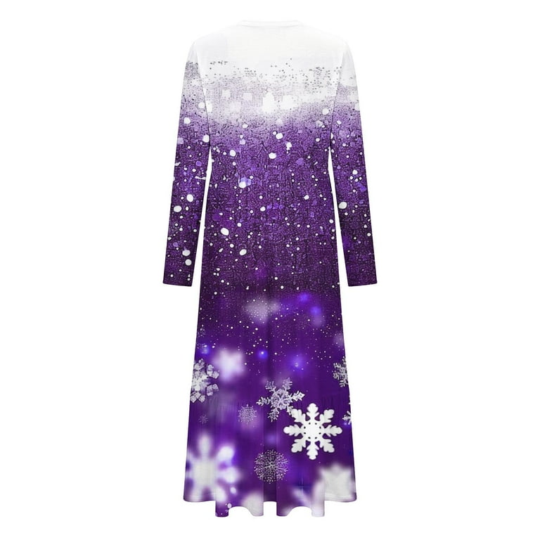 snowflake sequin maxi dress Annhoo Womens Christmas Dresses Long Sleeve Snowflake Printed Maxi Dress  Fashion Round Neck Dresses with Pockets