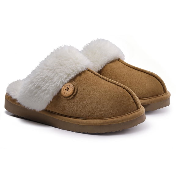 Comwarm Fuzzy Slippers for Women Memory Foam Winter Warm House Shoes Indoor Outdoor, Khaki, Size 8-8.5