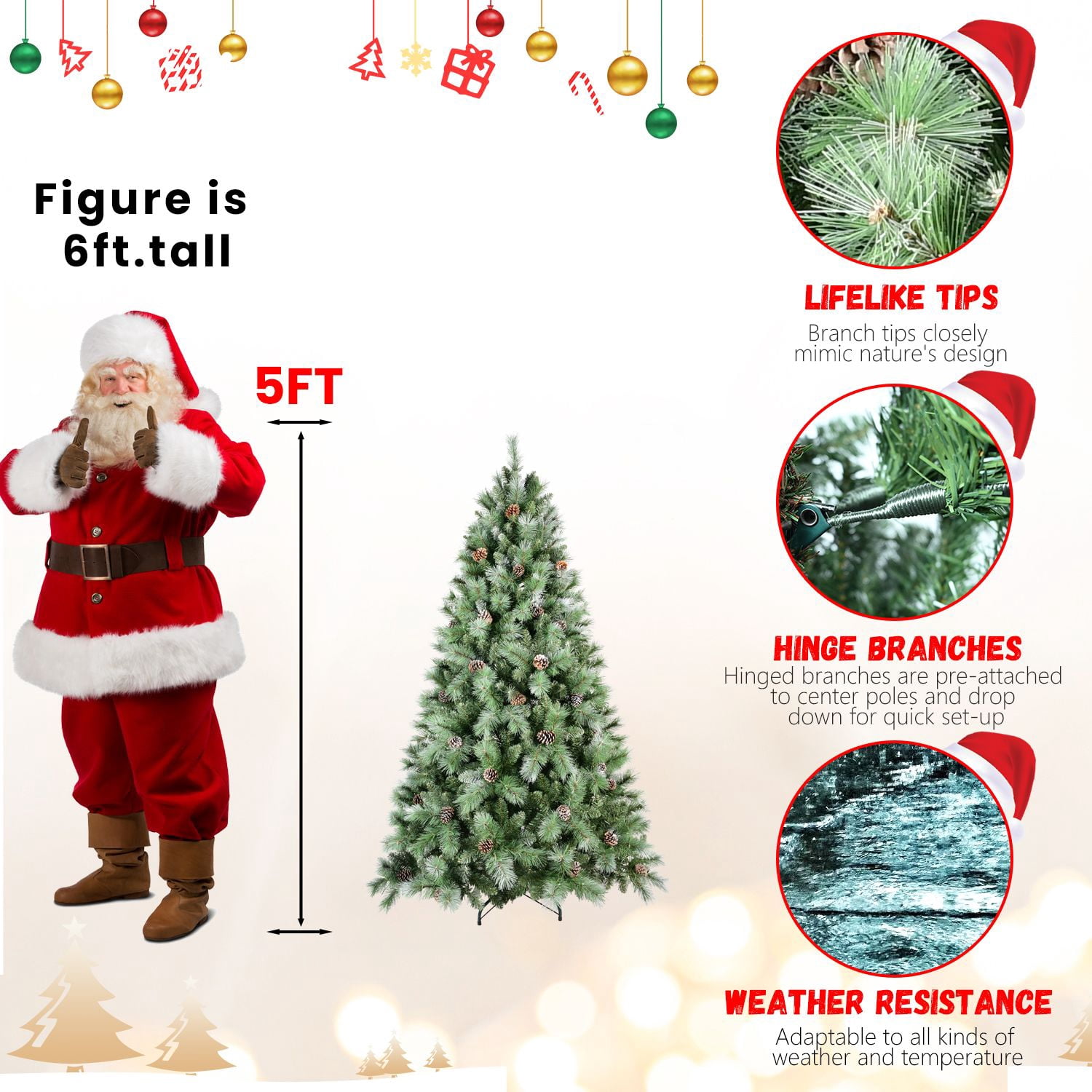 5 FT Realistic Artificial Christmas Trees, Unlit Xmas Tree w/ 51 Pine Cones, 694 Flowering Pine Needles & PVC Branch Tips