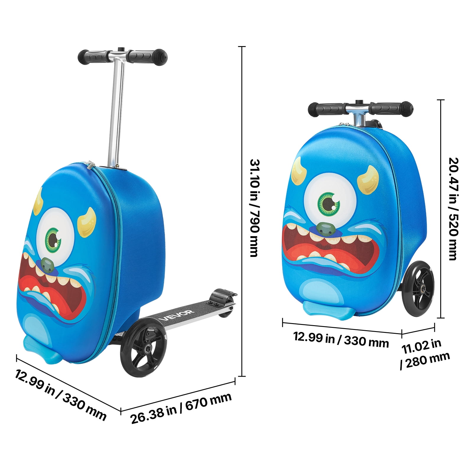 VEVOR Ride-on Luggage, 20 L Capacity, 20 Inches Kids Scooter Suitcase with Flash PU Wheels, Adjustable Handle & TPR Non-Slip Grip, Foldable & Lightweight Scooter Luggage for Kids Aged 5+, Blue