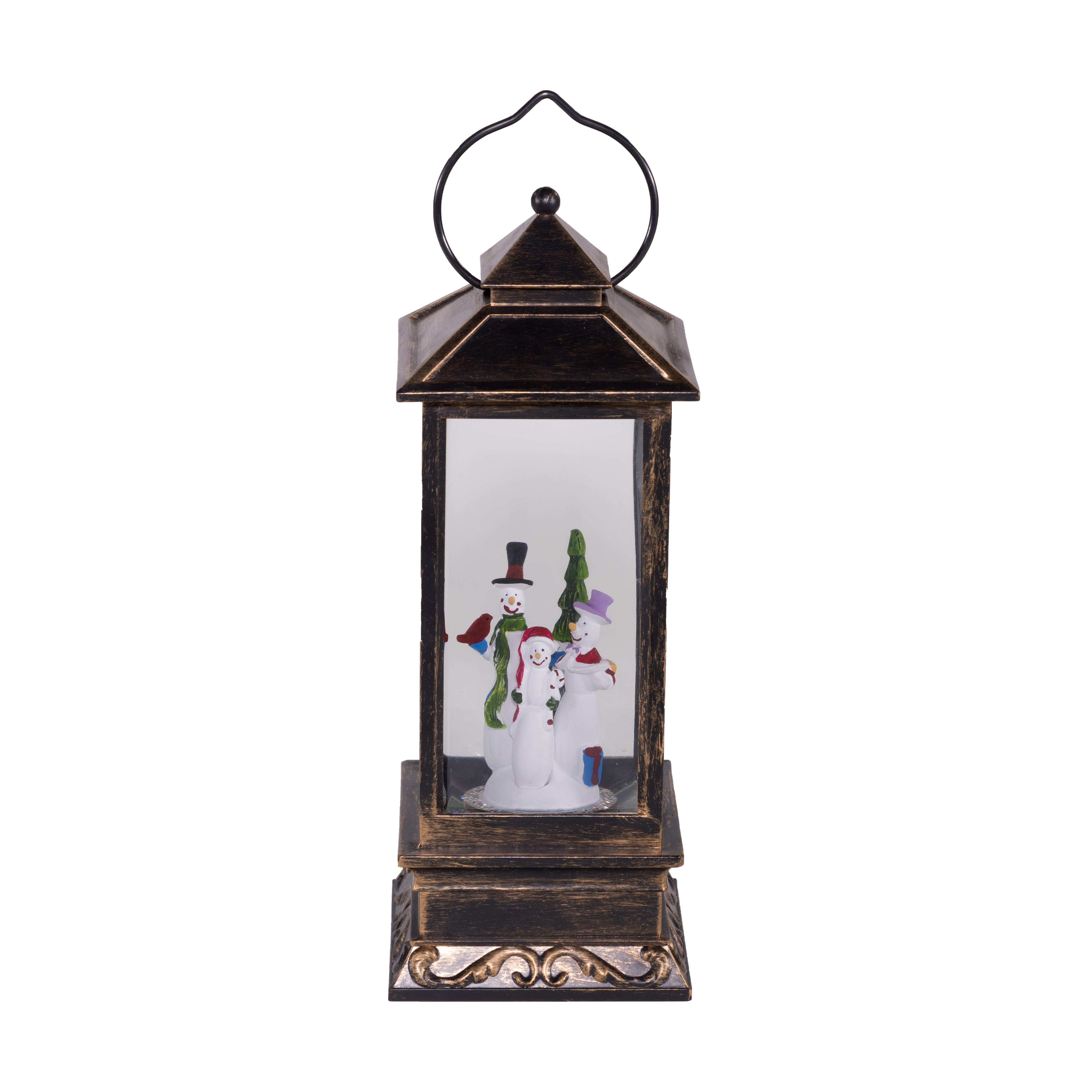 Alpine Corporation Lantern Snowman Snow Globe with LED Light, Brushed Bronze