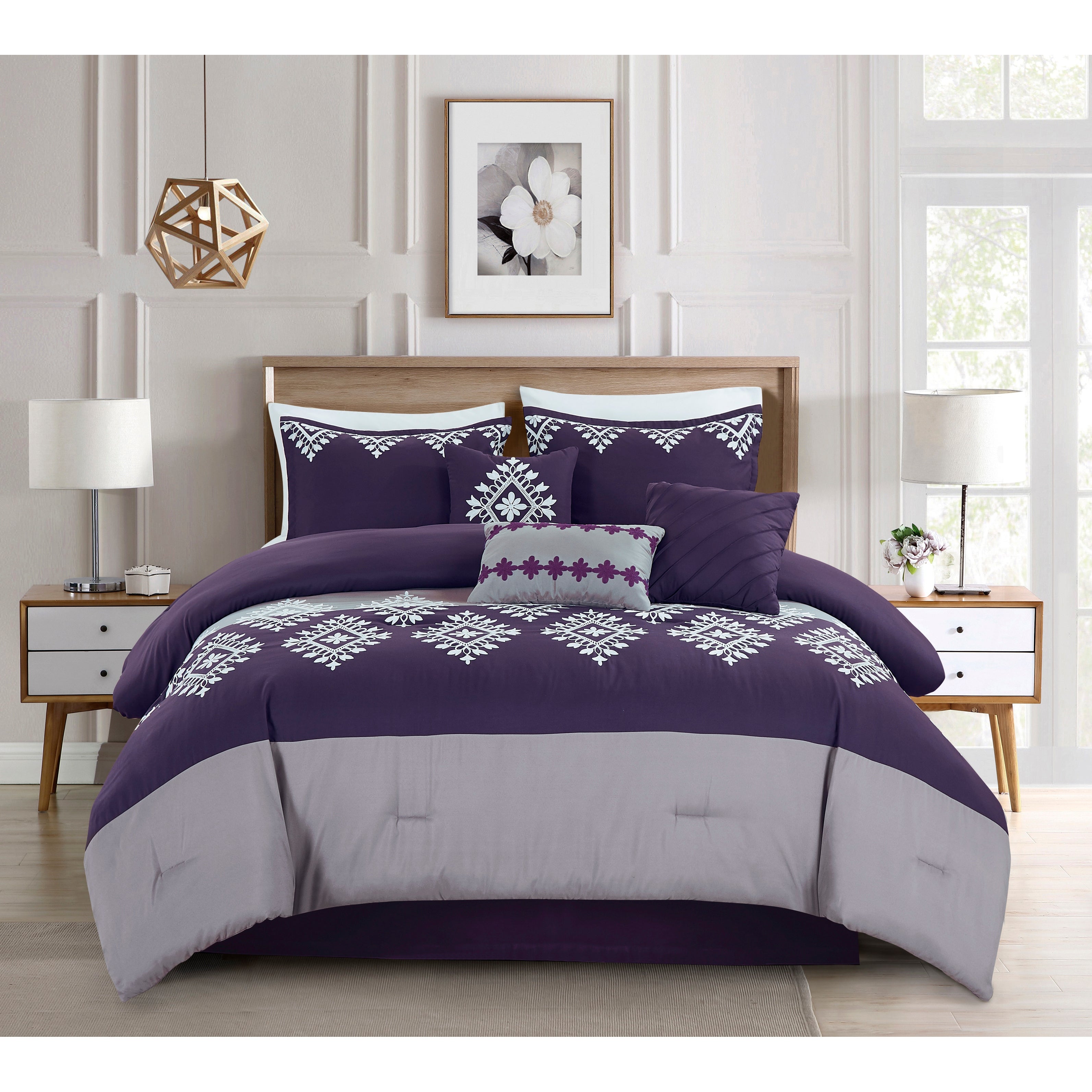 JML 7 Piece Comforter Set Embroidered Design Bed in a Bag Purple and
