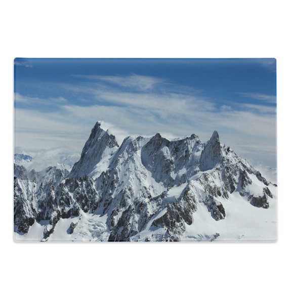 Landscape Cutting Board, Picturesque Mont Blanc Cliff to Clouds Idyllic Environment Trekking Landmark, Decorative Tempered Glass Cutting and Serving Board, Large Size, White Blue, by Ambesonne