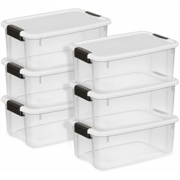 6-Pack Ultra Latching Box, Storage Bins with Lids, Clear Plastic, 18 Quart - Heavy-Duty Organizing Containers for Closet, Bathroom, and Office