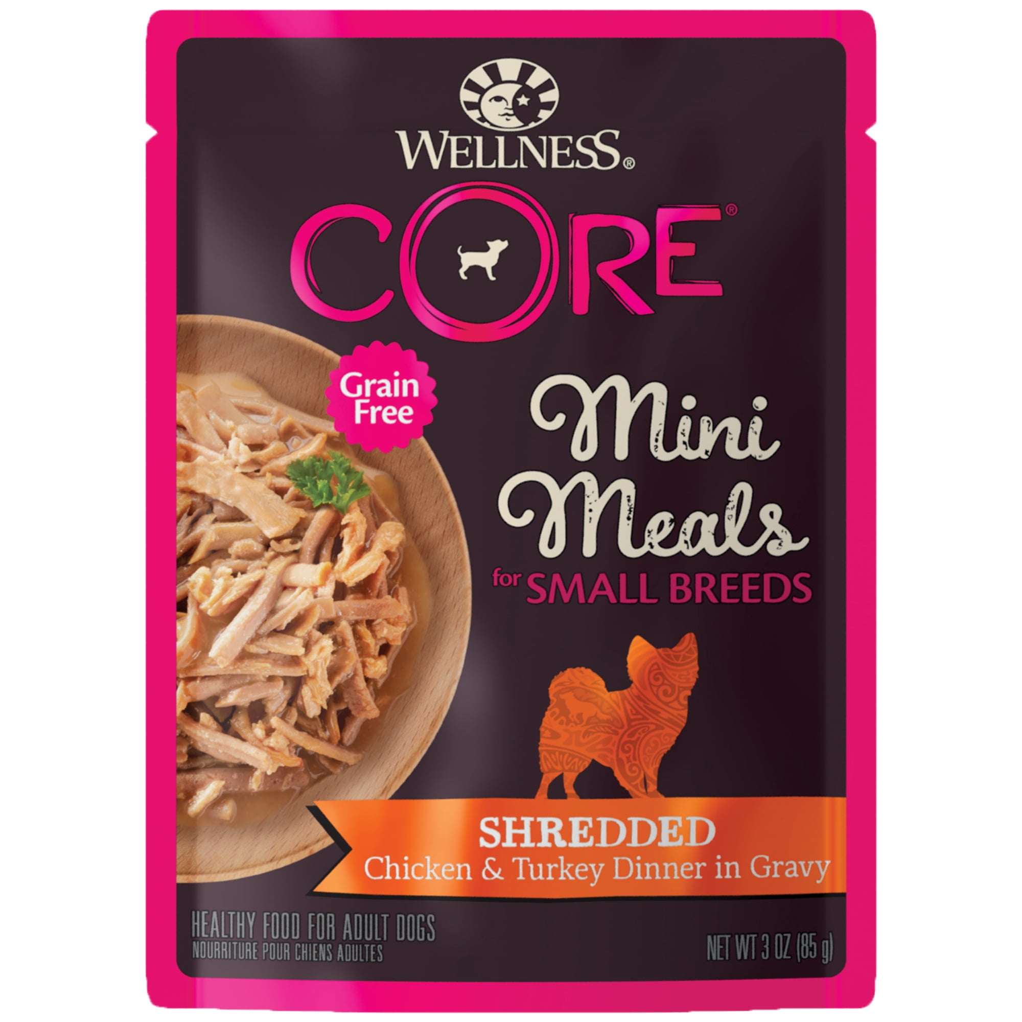 Wellness CORE Small Breed Mini Meals Shredded in Gravy Adult Wet Dog Food, Grain Free, Natural, Chicken and Turkey Dinner Recipe, 3 oz, Pack of 12 Pouches