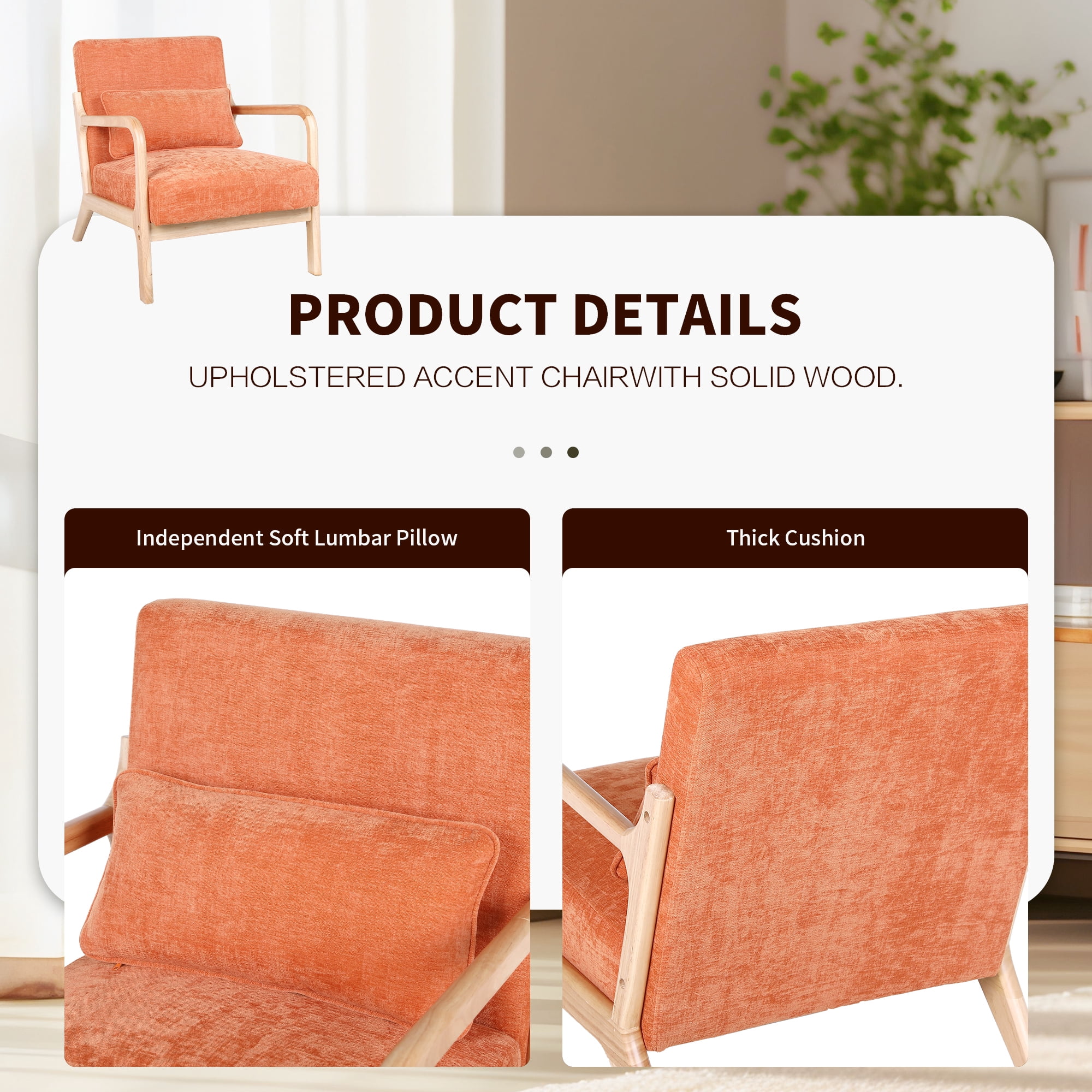 Jopath Accent Chair,Mid Century Modern Armchair with Solid Wood Frame and Detachable Lumbar Pillow for Living Room,Bedroom,Office(Orange)