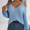thumbnail image 2 of UTSJKR Women's Trendy Cold Shoulder Sweaters 2024 Fashion Clothing Solid V Neck Pullover Tops Cable Knit Loose Oversized Jumper Long Lantern Sleeve Sleeve Fall Sweaters Blue M, 2 of 8