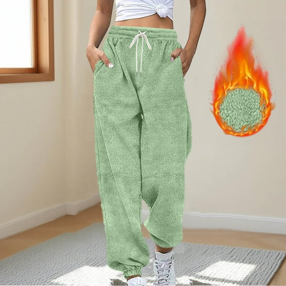 Women's Drawstring Fleece Sweatpants Casual Solid Color Elastic Waist Cuffed Loungewear Pajamas Pants with Pockets Green S