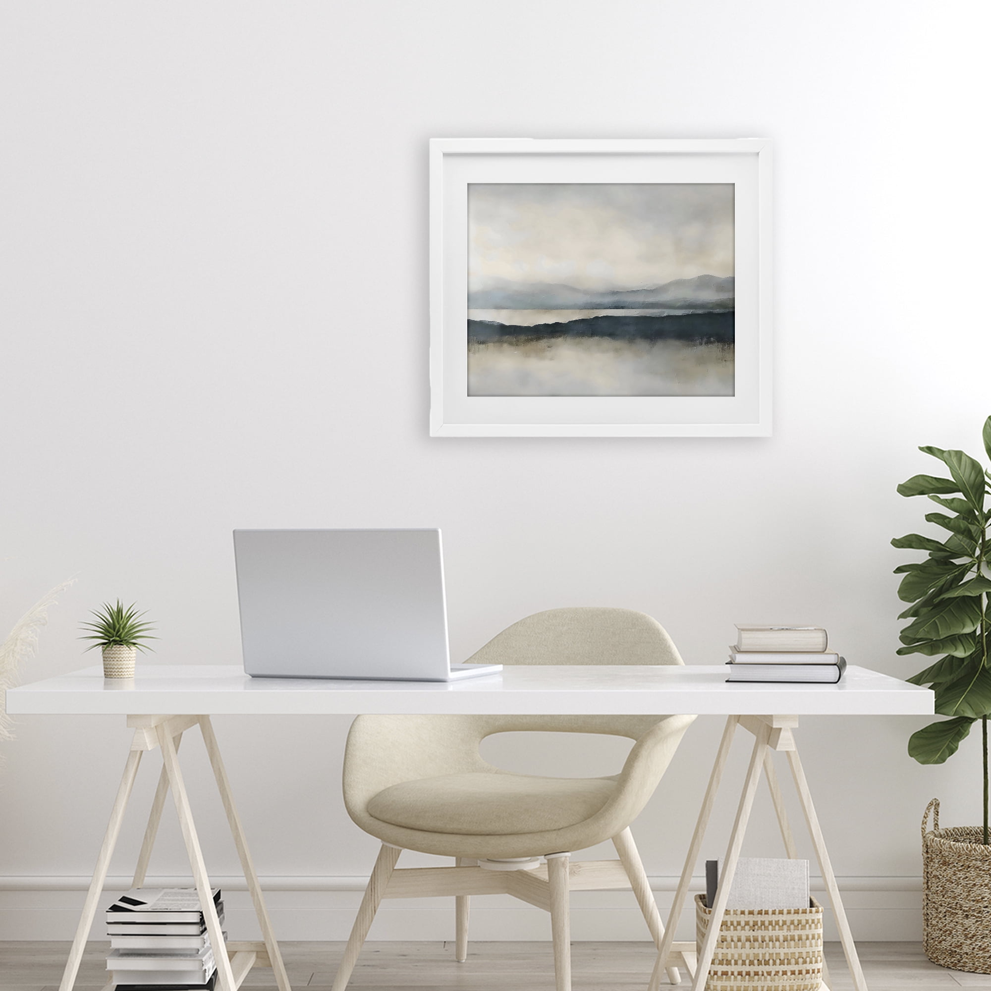 Stupell Industries Muted Horizon Mountainscape White Framed Print Under Glass, design by Riley B